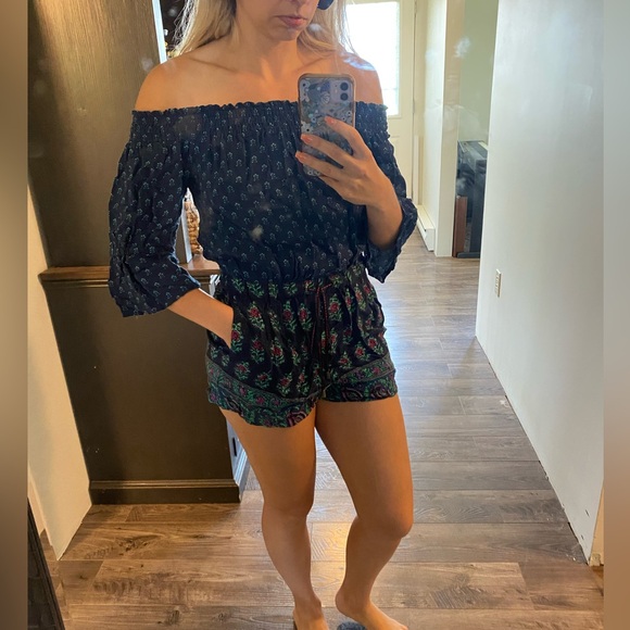 Anthropologie Ett:Twa Blue Kaleo Boho Floral Print Off The Shoulder Romper - Picture 14 of 14